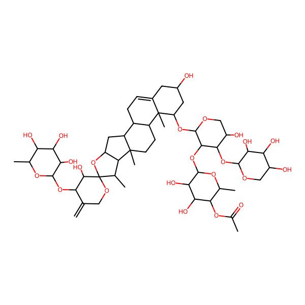 2D Structure of [(2S,3R,4S,5R,6S)-6-[(2S,3R,4S,5S)-2-[(1S,2S,3'S,4S,4'S,6S,7S,8R,9S,12S,13R,14R,16R)-3',16-dihydroxy-7,9,13-trimethyl-5'-methylidene-4'-[(2S,3R,4S,5R,6R)-3,4,5-trihydroxy-6-methyloxan-2-yl]oxyspiro[5-oxapentacyclo[10.8.0.02,9.04,8.013,18]icos-18-ene-6,2'-oxane]-14-yl]oxy-5-hydroxy-4-[(2S,3R,4S,5R)-3,4,5-trihydroxyoxan-2-yl]oxyoxan-3-yl]oxy-4,5-dihydroxy-2-methyloxan-3-yl] acetate