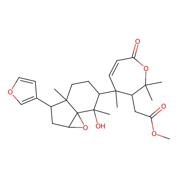 2D Structure of methyl 2-[(3R,4R)-4-[(1aR,3S,3aS,6R,7R,7aS)-3-(furan-3-yl)-7-hydroxy-3a,7-dimethyl-1a,2,3,4,5,6-hexahydroindeno[1,7a-b]oxiren-6-yl]-2,2,4-trimethyl-7-oxo-3H-oxepin-3-yl]acetate