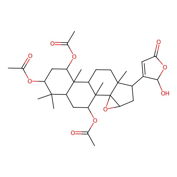 2D Structure of [12,14-diacetyloxy-6-(2-hydroxy-5-oxo-2H-furan-3-yl)-1,7,11,15,15-pentamethyl-3-oxapentacyclo[8.8.0.02,4.02,7.011,16]octadecan-18-yl] acetate