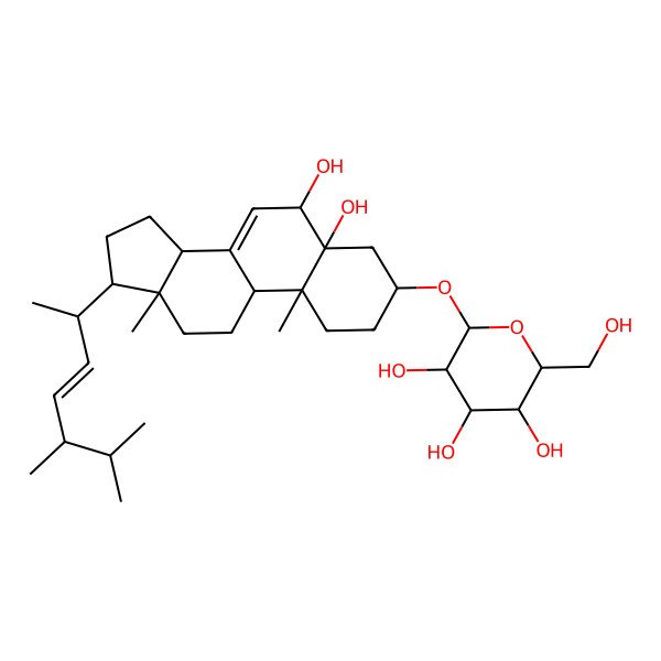 2D Structure of 2-[[(3S,5R,6R,9S,10R,13R,14R,17R)-17-[(E,2R,5R)-5,6-dimethylhept-3-en-2-yl]-5,6-dihydroxy-10,13-dimethyl-1,2,3,4,6,9,11,12,14,15,16,17-dodecahydrocyclopenta[a]phenanthren-3-yl]oxy]-6-(hydroxymethyl)oxane-3,4,5-triol