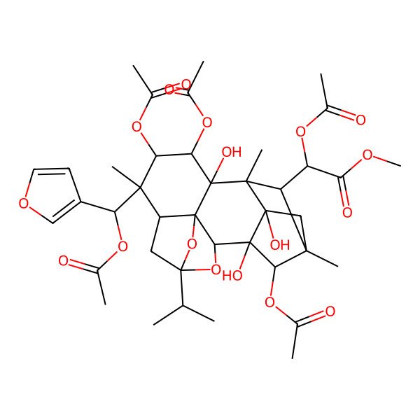 2D Structure of Methyl 2-acetyloxy-2-[9,10,17-triacetyloxy-8-[acetyloxy(furan-3-yl)methyl]-1,11,16-trihydroxy-8,12,14-trimethyl-5-propan-2-yl-4,18-dioxahexacyclo[12.2.1.12,5.03,7.03,11.012,16]octadecan-13-yl]acetate