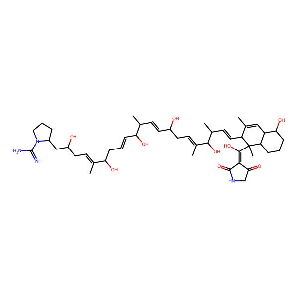 2D Structure of 2-[21-[1-[(2,4-dioxopyrrolidin-3-ylidene)-hydroxymethyl]-5-hydroxy-1,3-dimethyl-4a,5,6,7,8,8a-hexahydro-2H-naphthalen-2-yl]-2,6,10,14,18-pentahydroxy-5,11,17,19-tetramethylhenicosa-4,8,12,16,20-pentaenyl]pyrrolidine-1-carboximidamide