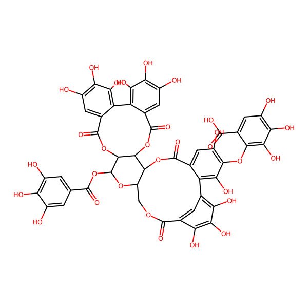 2D Structure of 3,4,5-Trihydroxy-2-[[3,5,16,17,18,21,22,23,36,37,38-undecahydroxy-8,13,26,34-tetraoxo-29-(3,4,5-trihydroxybenzoyl)oxy-9,12,27,30,33-pentaoxaheptacyclo[33.3.1.02,7.010,31.011,28.014,19.020,25]nonatriaconta-1(39),2,4,6,14,16,18,20,22,24,35,37-dodecaen-4-yl]oxy]benzoic acid