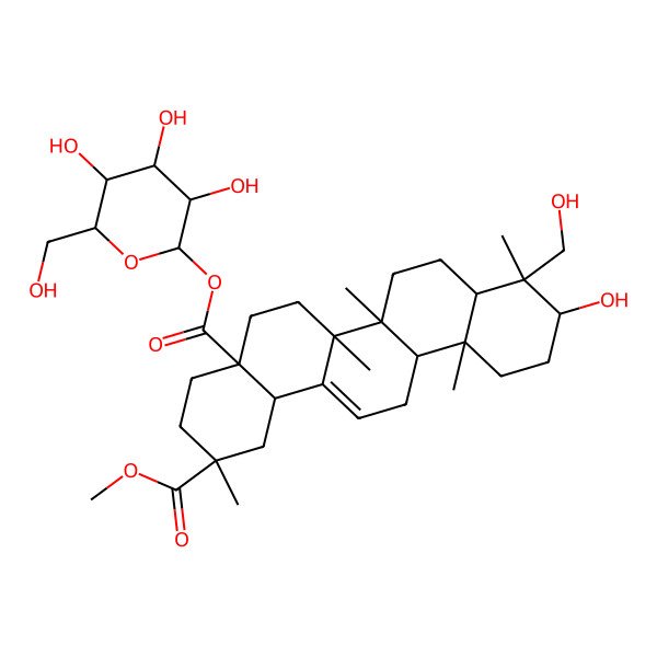 2D Structure of 2-O-methyl 4a-O-[(2S,3R,4S,5S,6R)-3,4,5-trihydroxy-6-(hydroxymethyl)oxan-2-yl] (2S,4aR,6aR,6aS,6bR,8aR,9R,10S,12aR,14bS)-10-hydroxy-9-(hydroxymethyl)-2,6a,6b,9,12a-pentamethyl-1,3,4,5,6,6a,7,8,8a,10,11,12,13,14b-tetradecahydropicene-2,4a-dicarboxylate