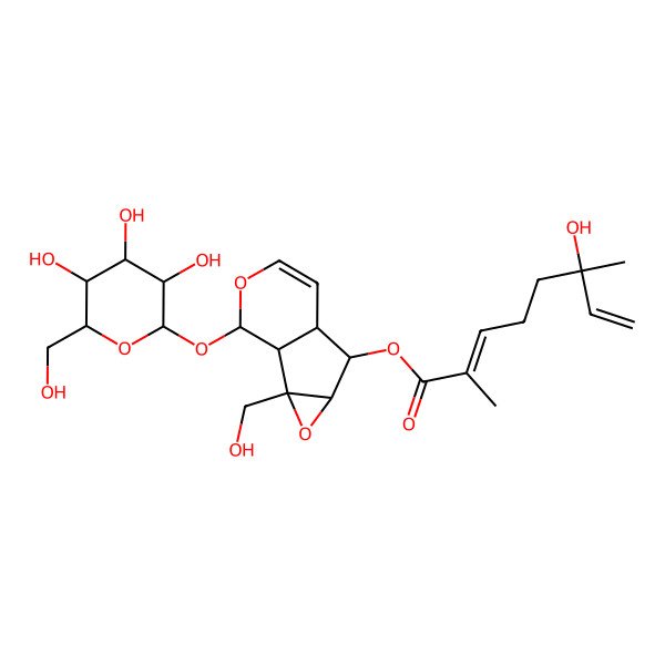 2D Structure of [2-(hydroxymethyl)-10-[3,4,5-trihydroxy-6-(hydroxymethyl)oxan-2-yl]oxy-3,9-dioxatricyclo[4.4.0.02,4]dec-7-en-5-yl] (2E)-6-hydroxy-2,6-dimethylocta-2,7-dienoate