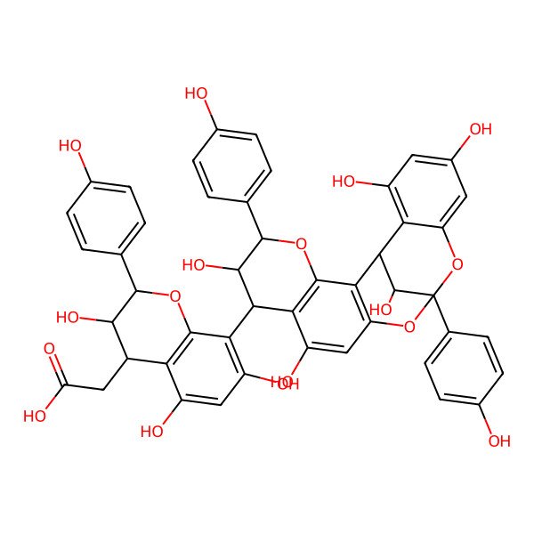 2D Structure of 2-[3,5,7-trihydroxy-2-(4-hydroxyphenyl)-8-[6,9,17,19,21-pentahydroxy-5,13-bis(4-hydroxyphenyl)-4,12,14-trioxapentacyclo[11.7.1.02,11.03,8.015,20]henicosa-2(11),3(8),9,15,17,19-hexaen-7-yl]-3,4-dihydro-2H-chromen-4-yl]acetic acid