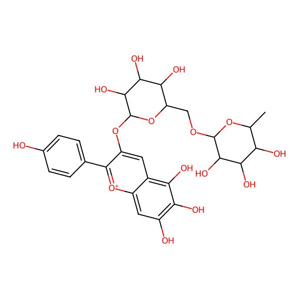 2D Structure of 2-(4-hydroxyphenyl)-3-[(2S,3R,4S,5S,6R)-3,4,5-trihydroxy-6-[[(2R,3S,4R,5R,6R)-3,4,5-trihydroxy-6-methyloxan-2-yl]oxymethyl]oxan-2-yl]oxychromenylium-5,6,7-triol