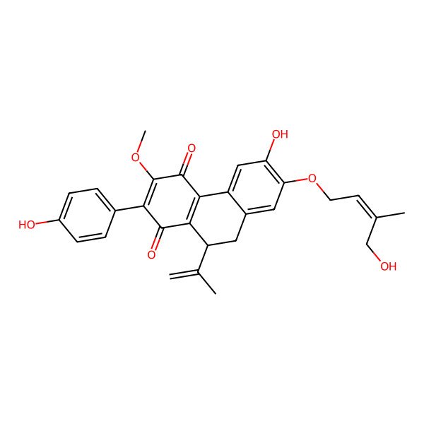 2D Structure of 6-Hydroxy-7-(4-hydroxy-3-methylbut-2-enoxy)-2-(4-hydroxyphenyl)-3-methoxy-10-prop-1-en-2-yl-9,10-dihydrophenanthrene-1,4-dione