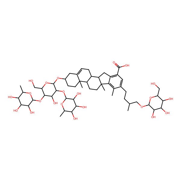 2D Structure of 2-[4-hydroxy-6-(hydroxymethyl)-3,5-bis[(3,4,5-trihydroxy-6-methyloxan-2-yl)oxy]oxan-2-yl]oxy-4a,6a,7-trimethyl-8-[3-methyl-4-[3,4,5-trihydroxy-6-(hydroxymethyl)oxan-2-yl]oxybutyl]-2,3,4,4b,5,6,11,11a,11b,12-decahydro-1H-indeno[2,1-a]phenanthrene-10-carboxylic acid