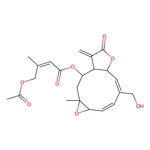 2D Structure of [(1R,2R,4R,6R,7Z,9E,11R)-9-(hydroxymethyl)-4-methyl-14-methylidene-13-oxo-5,12-dioxatricyclo[9.3.0.04,6]tetradeca-7,9-dien-2-yl] (E)-4-acetyloxy-3-methylbut-2-enoate