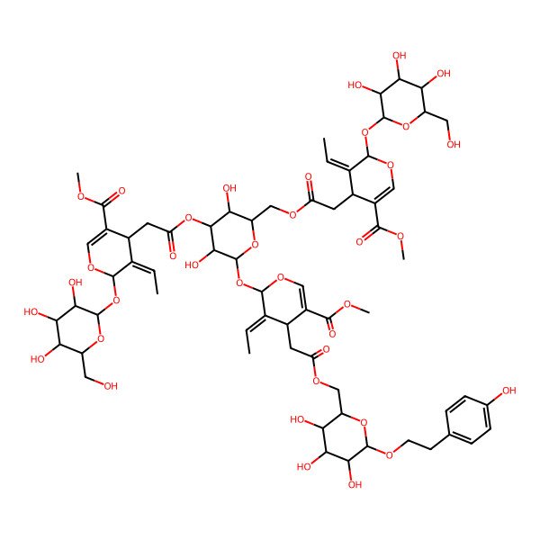 2D Structure of methyl (5Z)-5-ethylidene-4-[2-[[(2S,3S,4R,5S)-6-[[(3Z)-3-ethylidene-5-methoxycarbonyl-4-[2-oxo-2-[[(2R,3S,4S,5R)-3,4,5-trihydroxy-6-[2-(4-hydroxyphenyl)ethoxy]oxan-2-yl]methoxy]ethyl]-4H-pyran-2-yl]oxy]-4-[2-[(3Z)-3-ethylidene-5-methoxycarbonyl-2-[(3S,4R,5R,6S)-3,4,5-trihydroxy-6-(hydroxymethyl)oxan-2-yl]oxy-4H-pyran-4-yl]acetyl]oxy-3,5-dihydroxyoxan-2-yl]methoxy]-2-oxoethyl]-6-[(3S,4R,5R,6S)-3,4,5-trihydroxy-6-(hydroxymethyl)oxan-2-yl]oxy-4H-pyran-3-carboxylate