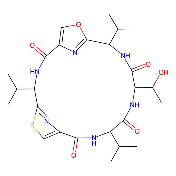2D Structure of 14-(1-Hydroxyethyl)-4,11,17-tri(propan-2-yl)-19-oxa-6-thia-3,10,13,16,21,22-hexazatricyclo[16.2.1.15,8]docosa-1(20),5(22),7,18(21)-tetraene-2,9,12,15-tetrone