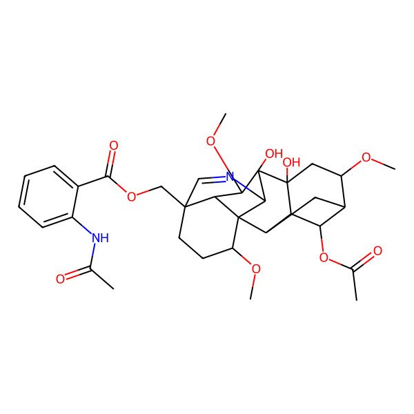 2D Structure of [(1S,2R,3R,4S,5R,6S,8R,9S,10S,13S,16S,17R,18S)-4-acetyloxy-8,9-dihydroxy-6,16,18-trimethoxy-11-azahexacyclo[7.7.2.12,5.01,10.03,8.013,17]nonadec-11-en-13-yl]methyl 2-acetamidobenzoate