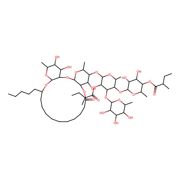 2D Structure of [(2S,3R,4S,5R,6S)-4,5-dihydroxy-2-methyl-6-[(2S,3S,4R,5R,6S)-2-methyl-5-[(2S)-2-methylbutanoyl]oxy-6-[[(1R,3S,5S,6R,7R,8R,20S,22S,24R,25R,26S)-7,25,26-trihydroxy-5,24-dimethyl-10-oxo-20-pentyl-2,4,9,21,23-pentaoxatricyclo[20.4.0.03,8]hexacosan-6-yl]oxy]-4-[(2S,3R,4R,5R,6S)-3,4,5-trihydroxy-6-methyloxan-2-yl]oxyoxan-3-yl]oxyoxan-3-yl] (2S)-2-methylbutanoate