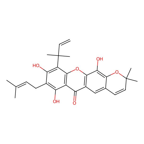 2D Structure of 7,9,12-Trihydroxy-2,2-dimethyl-10-(2-methylbut-3-en-2-yl)-8-(3-methylbut-2-enyl)pyrano[3,2-b]xanthen-6-one