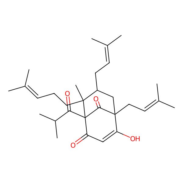 2D Structure of (1S,5S,7S,8R)-4-hydroxy-8-methyl-5,7-bis(3-methylbut-2-enyl)-8-(4-methylpent-3-enyl)-1-(2-methylpropanoyl)bicyclo[3.3.1]non-3-ene-2,9-dione
