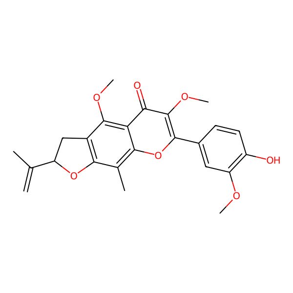 2D Structure of (2S)-7-(4-hydroxy-3-methoxyphenyl)-4,6-dimethoxy-9-methyl-2-prop-1-en-2-yl-2,3-dihydrofuro[3,2-g]chromen-5-one