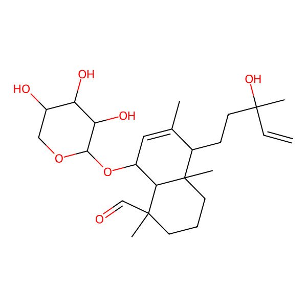 2D Structure of (1R,4aR,5S,8S,8aR)-5-[(3R)-3-hydroxy-3-methylpent-4-enyl]-1,4a,6-trimethyl-8-[(2S,3R,4S,5S)-3,4,5-trihydroxyoxan-2-yl]oxy-2,3,4,5,8,8a-hexahydronaphthalene-1-carbaldehyde