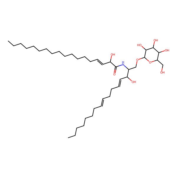 2D Structure of 2-hydroxy-N-[3-hydroxy-1-[3,4,5-trihydroxy-6-(hydroxymethyl)oxan-2-yl]oxyhexadeca-4,8-dien-2-yl]octadec-3-enamide