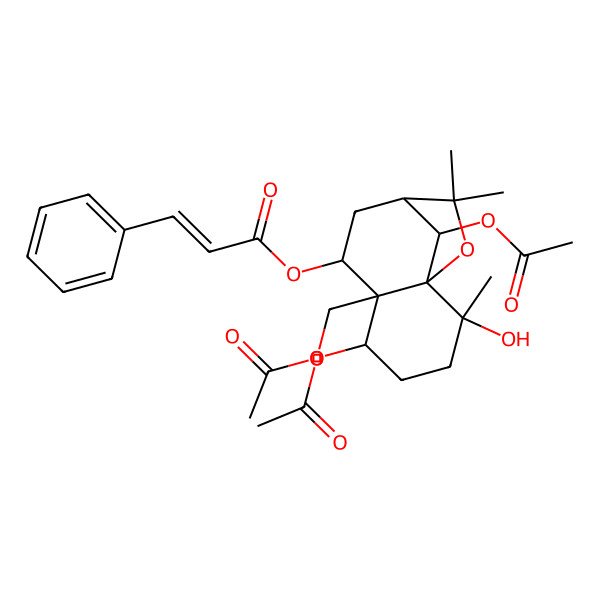 2D Structure of [(1S,2S,5S,6S,7S,9R,12R)-5,12-diacetyloxy-6-(acetyloxymethyl)-2-hydroxy-2,10,10-trimethyl-11-oxatricyclo[7.2.1.01,6]dodecan-7-yl] (E)-3-phenylprop-2-enoate