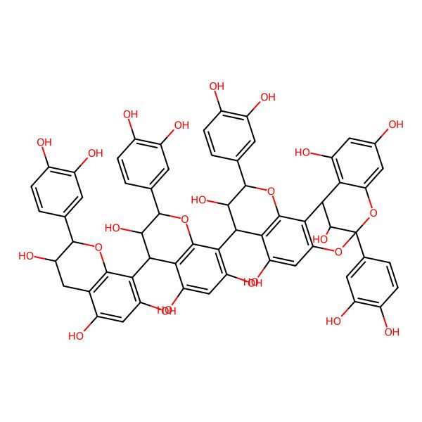 2D Structure of (1S,5S,6R,7S,13R,21R)-5,13-bis(3,4-dihydroxyphenyl)-7-[(2R,3R,4S)-2-(3,4-dihydroxyphenyl)-4-[(2R,3R)-2-(3,4-dihydroxyphenyl)-3,5,7-trihydroxy-3,4-dihydro-2H-chromen-8-yl]-3,5,7-trihydroxy-3,4-dihydro-2H-chromen-8-yl]-4,12,14-trioxapentacyclo[11.7.1.02,11.03,8.015,20]henicosa-2(11),3(8),9,15,17,19-hexaene-6,9,17,19,21-pentol