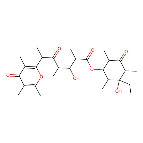2D Structure of (3-Ethyl-3-hydroxy-2,4,6-trimethyl-5-oxocyclohexyl) 3-hydroxy-2,4-dimethyl-5-oxo-6-(3,5,6-trimethyl-4-oxopyran-2-yl)heptanoate