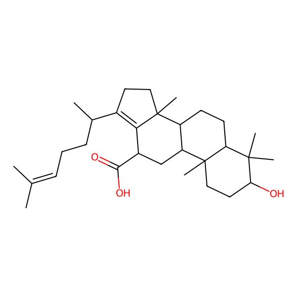 2D Structure of (3S,5R,8R,9S,10R,12R,14S)-3-hydroxy-4,4,10,14-tetramethyl-17-[(2R)-6-methylhept-5-en-2-yl]-1,2,3,5,6,7,8,9,11,12,15,16-dodecahydrocyclopenta[a]phenanthrene-12-carboxylic acid