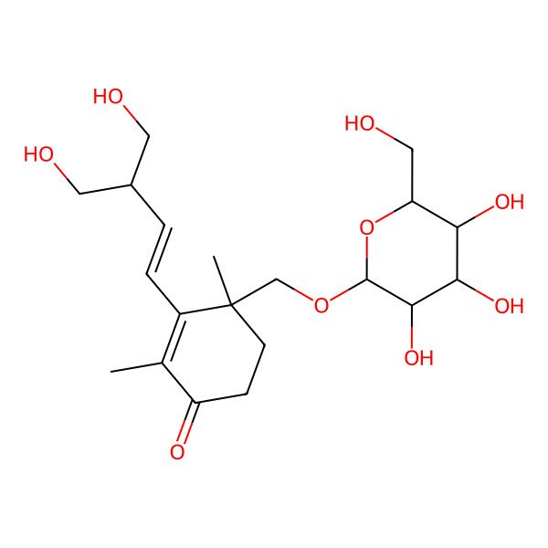 2D Structure of 3-[(E)-4-hydroxy-3-(hydroxymethyl)but-1-enyl]-2,4-dimethyl-4-[[3,4,5-trihydroxy-6-(hydroxymethyl)oxan-2-yl]oxymethyl]cyclohex-2-en-1-one