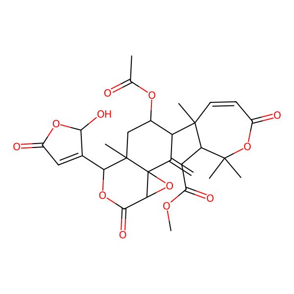 2D Structure of methyl 2-[(3R,4R)-4-[(1aS,4R,4aS,6S,7R,8aS)-6-acetyloxy-4-(2-hydroxy-5-oxo-2H-furan-3-yl)-4a-methyl-8-methylidene-2-oxo-4,5,6,7-tetrahydro-1aH-oxireno[2,3-d]isochromen-7-yl]-2,2,4-trimethyl-7-oxo-3H-oxepin-3-yl]acetate