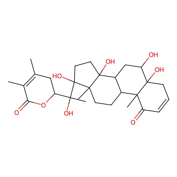 2D Structure of 2-[1-hydroxy-1-(5,6,14,17-tetrahydroxy-10,13-dimethyl-1-oxo-6,7,8,9,11,12,15,16-octahydro-4H-cyclopenta[a]phenanthren-17-yl)ethyl]-4,5-dimethyl-2,3-dihydropyran-6-one