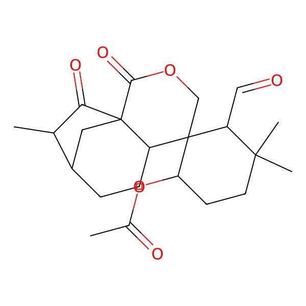 2D Structure of [(1S,1'S,3'R,5S,6S,9R,10S)-3'-formyl-4',4',10-trimethyl-2,11-dioxospiro[3-oxatricyclo[7.2.1.01,6]dodecane-5,2'-cyclohexane]-1'-yl] acetate
