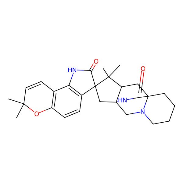 2D Structure of (1'S,3R,8'S,10'R)-7,7,11',11'-tetramethylspiro[1H-pyrano[2,3-g]indole-3,12'-3,14-diazatetracyclo[6.5.2.01,10.03,8]pentadecane]-2,15'-dione
