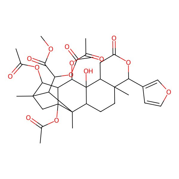 2D Structure of methyl (2S)-2-acetyloxy-2-[(1S,2R,5R,6R,10R,11S,12R,13S,14R,15R,17S,18S)-12,14,17-triacetyloxy-6-(furan-3-yl)-11-hydroxy-1,5,15-trimethyl-8-oxo-7-oxapentacyclo[13.2.1.02,11.05,10.013,17]octadecan-18-yl]acetate