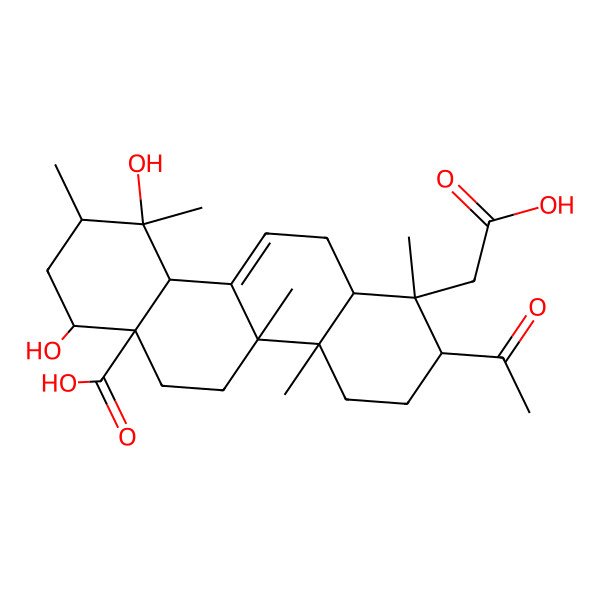 2D Structure of (1R,2R,4aR,4bS,6aS,7S,9R,10R,10aS,12aR)-2-acetyl-1-(carboxymethyl)-7,10-dihydroxy-1,4a,4b,9,10-pentamethyl-3,4,5,6,7,8,9,10a,12,12a-decahydro-2H-chrysene-6a-carboxylic acid