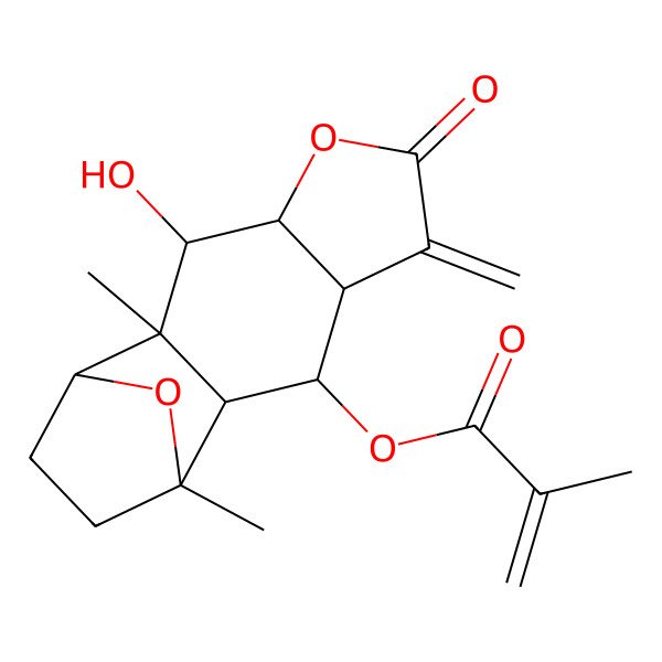 2D Structure of (3-Hydroxy-2,11-dimethyl-7-methylidene-6-oxo-5,14-dioxatetracyclo[9.2.1.02,10.04,8]tetradecan-9-yl) 2-methylprop-2-enoate