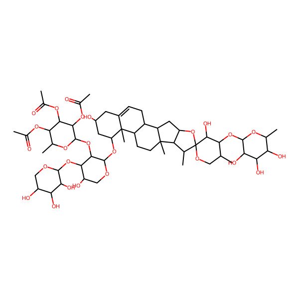 2D Structure of [(2S,3S,4R,5R,6S)-4,5-diacetyloxy-6-[(2S,3R,4S,5S)-2-[(1S,2S,3'S,4S,4'S,5'S,6S,7S,8R,9S,12S,13R,14R,16R)-3',16-dihydroxy-5',7,9,13-tetramethyl-4'-[(2S,3R,4S,5R,6R)-3,4,5-trihydroxy-6-methyloxan-2-yl]oxyspiro[5-oxapentacyclo[10.8.0.02,9.04,8.013,18]icos-18-ene-6,2'-oxane]-14-yl]oxy-5-hydroxy-4-[(2S,3R,4S,5R)-3,4,5-trihydroxyoxan-2-yl]oxyoxan-3-yl]oxy-2-methyloxan-3-yl] acetate