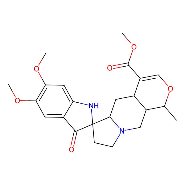 2D Structure of methyl 5',6'-dimethoxy-1-methyl-3'-oxospiro[1,4a,5,5a,7,8,10,10a-octahydropyrano[3,4-f]indolizine-6,2'-1H-indole]-4-carboxylate