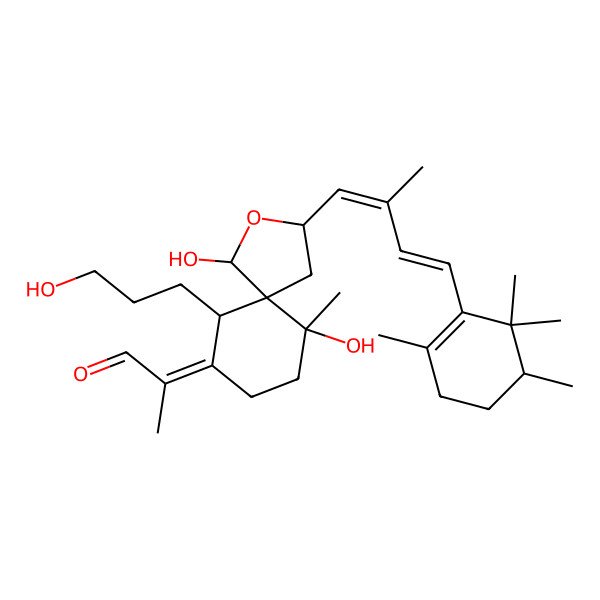 2D Structure of 2-[1,6-Dihydroxy-10-(3-hydroxypropyl)-6-methyl-3-[2-methyl-4-(2,5,6,6-tetramethylcyclohexen-1-yl)buta-1,3-dienyl]-2-oxaspiro[4.5]decan-9-ylidene]propanal