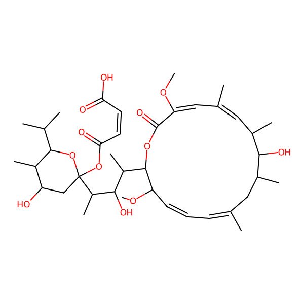 2D Structure of (E)-4-[(2R,4S,5R,6S)-4-hydroxy-2-[(2S,3R,4S)-3-hydroxy-4-[(3S,4E,6E,9S,10R,11R,12E,14E)-10-hydroxy-3,15-dimethoxy-7,9,11,13-tetramethyl-16-oxo-1-oxacyclohexadeca-4,6,12,14-tetraen-2-yl]pentan-2-yl]-5-methyl-6-propan-2-yloxan-2-yl]oxy-4-oxobut-2-enoic acid