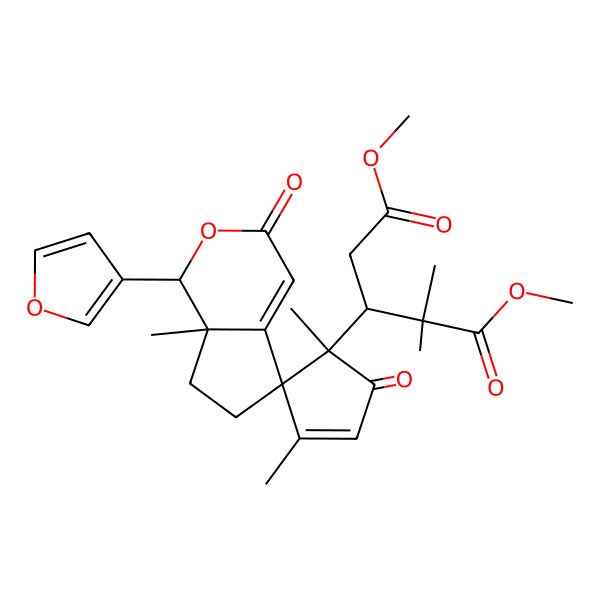 2D Structure of dimethyl (3R)-3-[(1R,1'R,5R,7aR)-1-(furan-3-yl)-1',3',7a-trimethyl-3,5'-dioxospiro[6,7-dihydro-1H-cyclopenta[c]pyran-5,2'-cyclopent-3-ene]-1'-yl]-2,2-dimethylpentanedioate