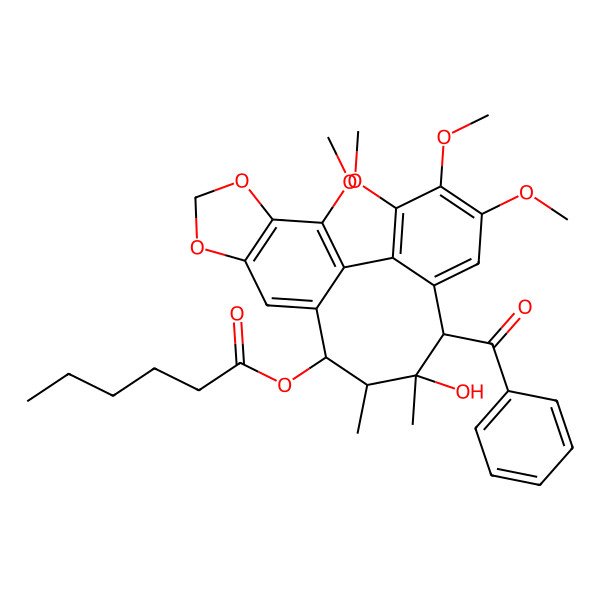 2D Structure of [(8S,9S,10S,11R)-8-benzoyl-9-hydroxy-3,4,5,19-tetramethoxy-9,10-dimethyl-15,17-dioxatetracyclo[10.7.0.02,7.014,18]nonadeca-1(19),2,4,6,12,14(18)-hexaen-11-yl] hexanoate