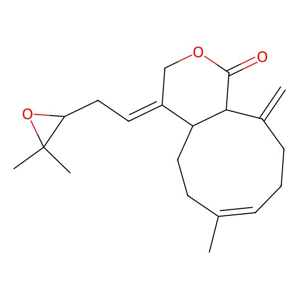 2D Structure of 4-[2-(3,3-Dimethyloxiran-2-yl)ethylidene]-7-methyl-11-methylidene-4a,5,6,9,10,11a-hexahydrocyclonona[c]pyran-1-one