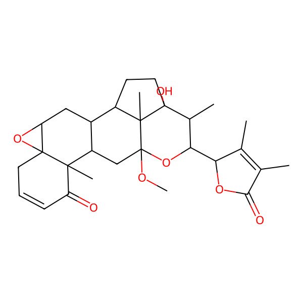 2D Structure of 16-(3,4-dimethyl-5-oxo-2H-furan-2-yl)-18-hydroxy-14-methoxy-11,17,21-trimethyl-5,15-dioxahexacyclo[12.6.1.02,12.04,6.06,11.018,21]henicos-8-en-10-one