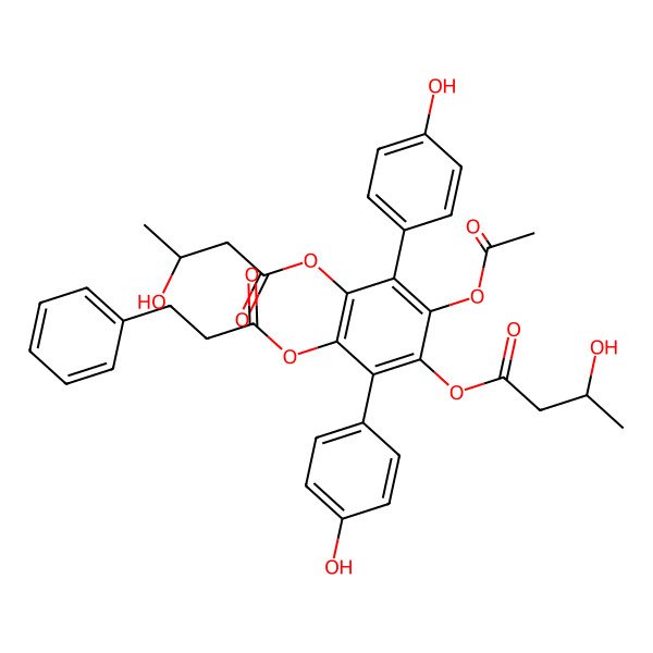 2D Structure of [2-acetyloxy-4-[(3R)-3-hydroxybutanoyl]oxy-3,6-bis(4-hydroxyphenyl)-5-(3-phenylpropanoyloxy)phenyl] (3R)-3-hydroxybutanoate