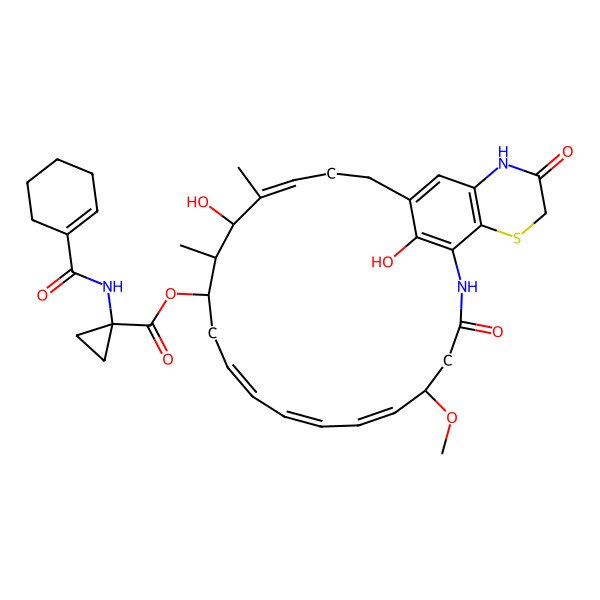 2D Structure of (6,28-Dihydroxy-16-methoxy-5,7-dimethyl-18,24-dioxo-22-thia-19,25-diazatricyclo[18.7.1.021,26]octacosa-1(27),4,10,12,14,20(28),21(26)-heptaen-8-yl) 1-(cyclohexene-1-carbonylamino)cyclopropane-1-carboxylate