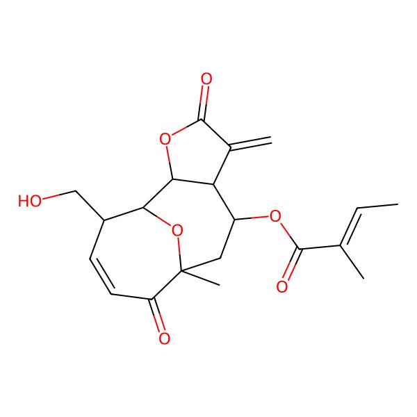 2D Structure of [13-(Hydroxymethyl)-9-methyl-5-methylidene-4,10-dioxo-3,14-dioxatricyclo[7.4.1.02,6]tetradec-11-en-7-yl] 2-methylbut-2-enoate