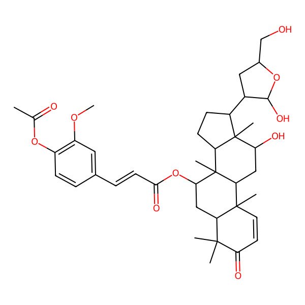2D Structure of [(5R,7R,8R,9R,10R,12S,13S,14S,17S)-12-hydroxy-17-[(3R)-2-hydroxy-5-(hydroxymethyl)oxolan-3-yl]-4,4,8,10,13-pentamethyl-3-oxo-5,6,7,9,11,12,14,15,16,17-decahydrocyclopenta[a]phenanthren-7-yl] (E)-3-(4-acetyloxy-3-methoxyphenyl)prop-2-enoate
