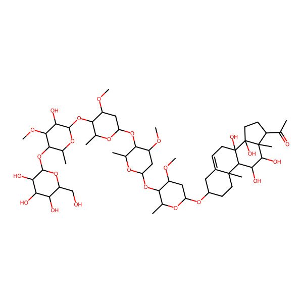 2D Structure of 1-[8,11,12,14-tetrahydroxy-3-[5-[5-[5-[3-hydroxy-4-methoxy-6-methyl-5-[3,4,5-trihydroxy-6-(hydroxymethyl)oxan-2-yl]oxyoxan-2-yl]oxy-4-methoxy-6-methyloxan-2-yl]oxy-4-methoxy-6-methyloxan-2-yl]oxy-4-methoxy-6-methyloxan-2-yl]oxy-10,13-dimethyl-2,3,4,7,9,11,12,15,16,17-decahydro-1H-cyclopenta[a]phenanthren-17-yl]ethanone
