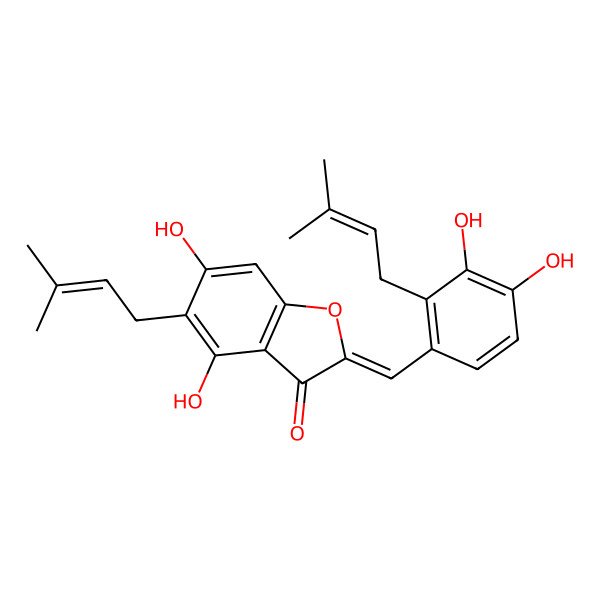 2D Structure of (2Z)-2-[[3,4-dihydroxy-2-(3-methylbut-2-enyl)phenyl]methylidene]-4,6-dihydroxy-5-(3-methylbut-2-enyl)-1-benzofuran-3-one