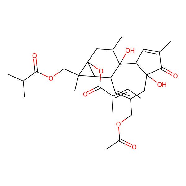 2D Structure of [8-(Acetyloxymethyl)-1,6-dihydroxy-4,12,15-trimethyl-12-(2-methylpropanoyloxymethyl)-5-oxo-13-tetracyclo[8.5.0.02,6.011,13]pentadeca-3,8-dienyl] 2-methylbut-2-enoate